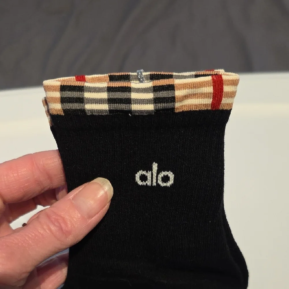 ALO Yoga Black Ankle Socks with Plaid Trim
